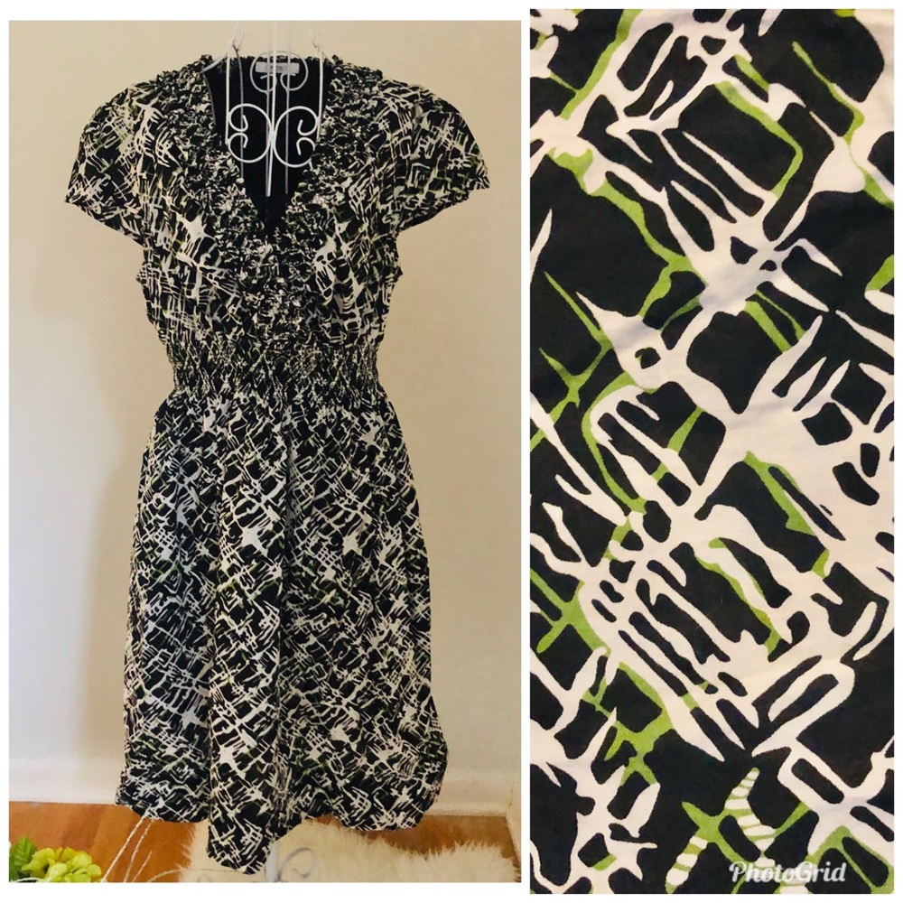 Black & Cream Abstract Ruffle-Neck Women's Dress